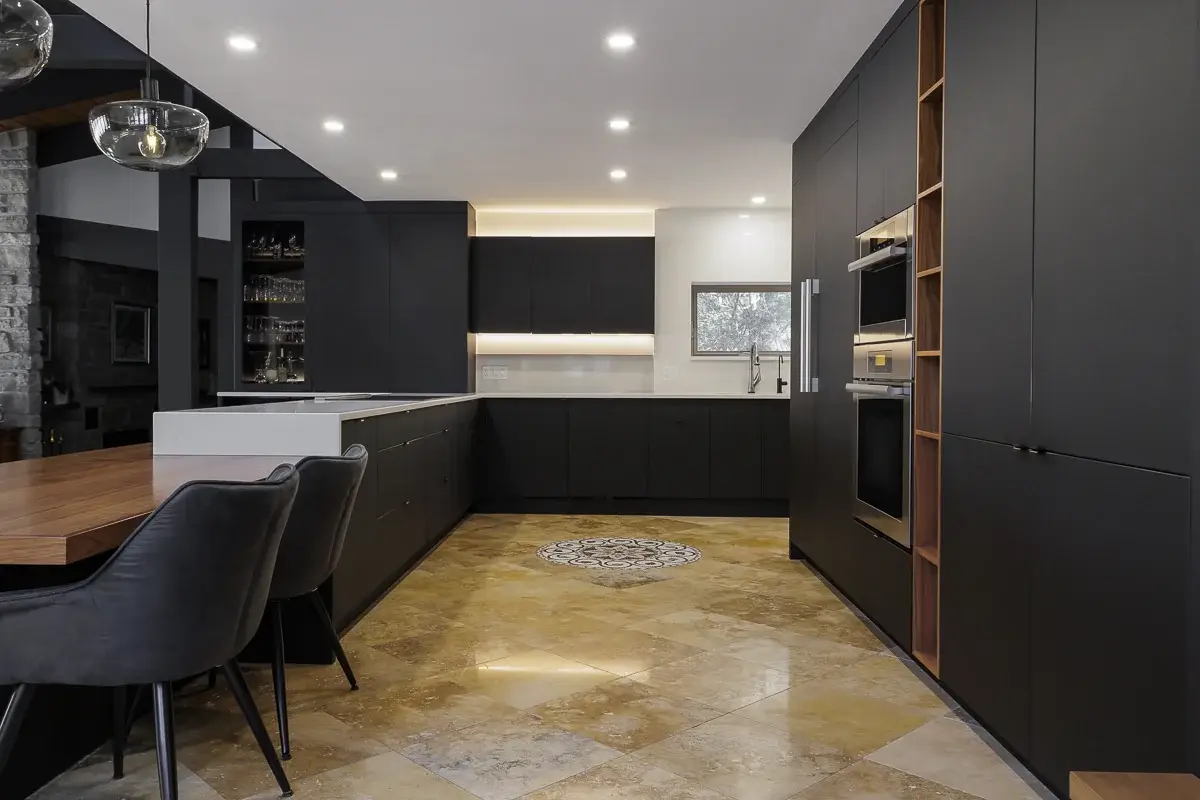 View of kitchen cabinets with glass doors